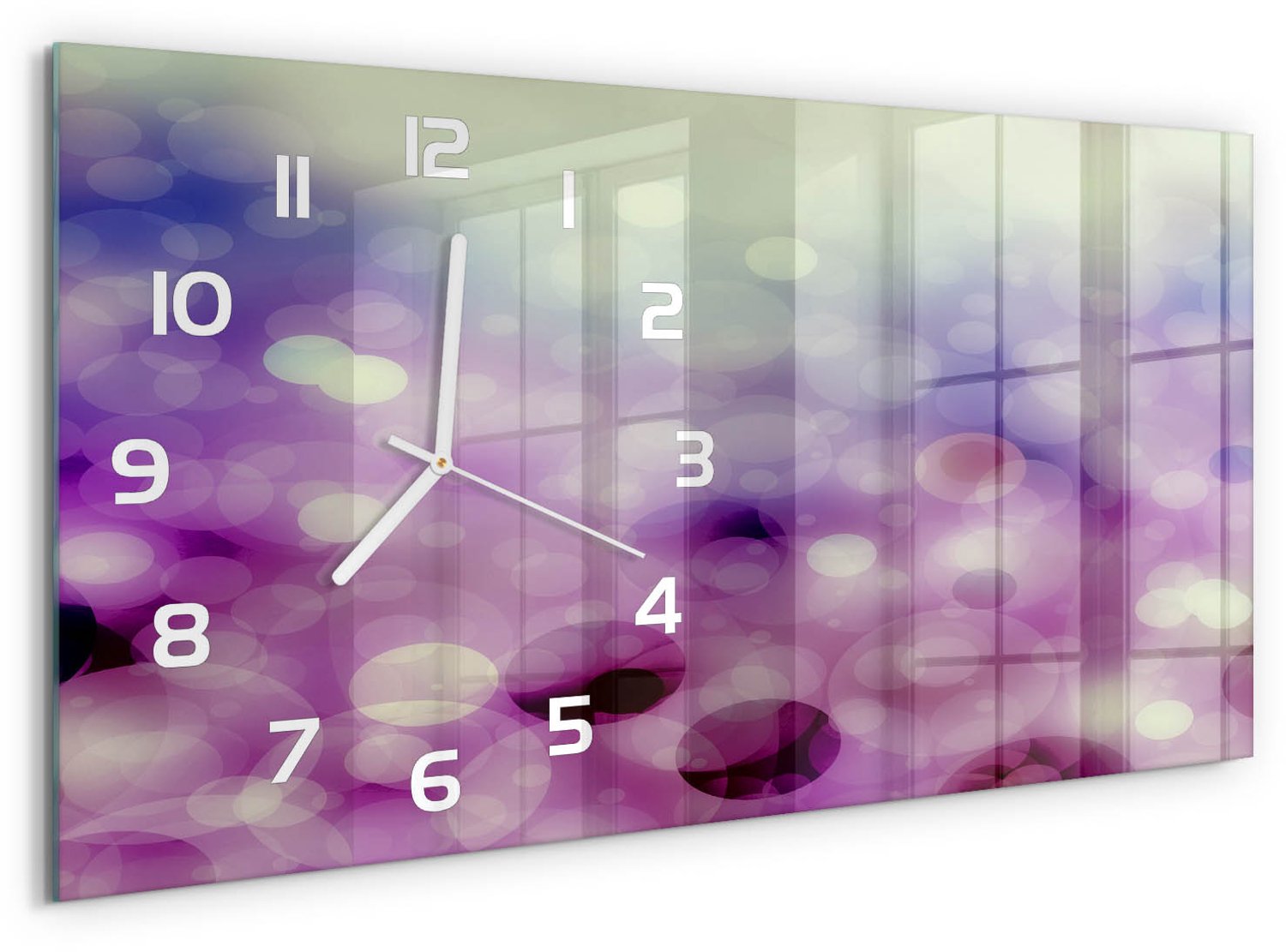 TULUP Wandklok - Paarse wielen Glazen Wandklok Design - 60x30 cm - Paars Klok Glas Met Opdruk - Witte handen - Rechthoekige Klok - Wandklok Glas Met Motief - Decoratieve Glazen Klok