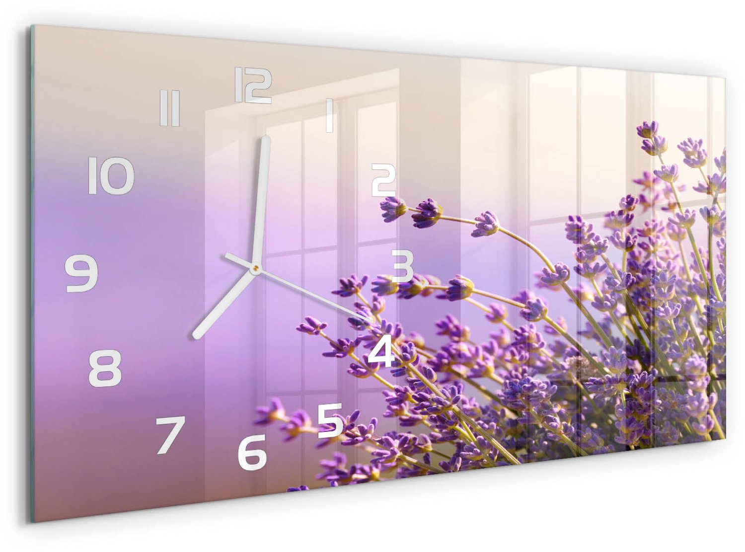 TULUP Wandklok - Lavendel Wandklok Glas Decoratie - 60x30 cm - Paars Gekleurde Glazen Klok - Witte handen - Rechthoekige Klok - Klok Glas Met Opdruk - Moderne Wandklok Glas