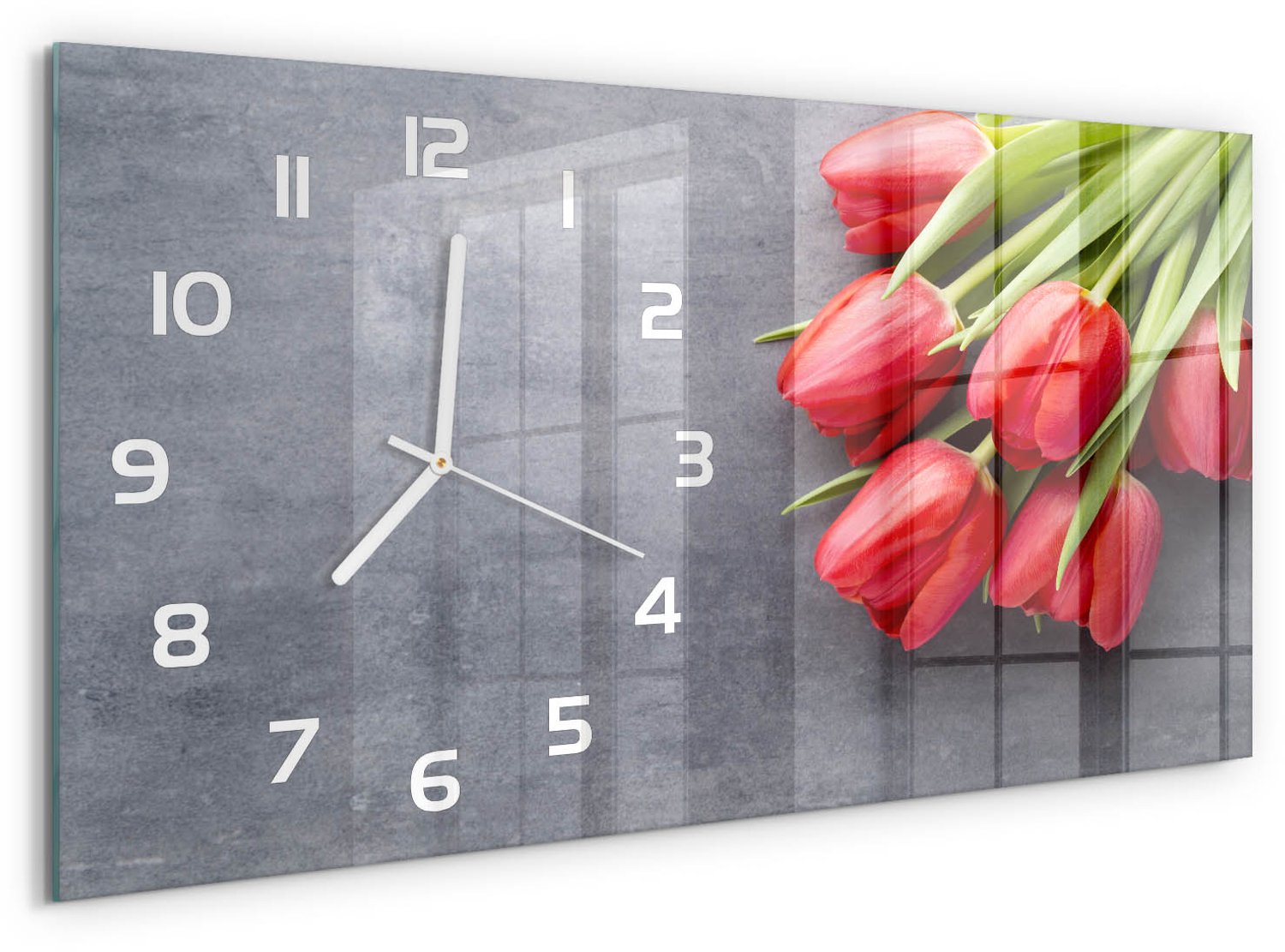 TULUP Wandklok - Rode tulpen Moderne Wandklok Glas - 60x30 cm - Rood Wandklok Glas Decoratie - Witte handen - Rechthoekige Klok - Glazen Wandklok Design - Klok Glas Met Opdruk