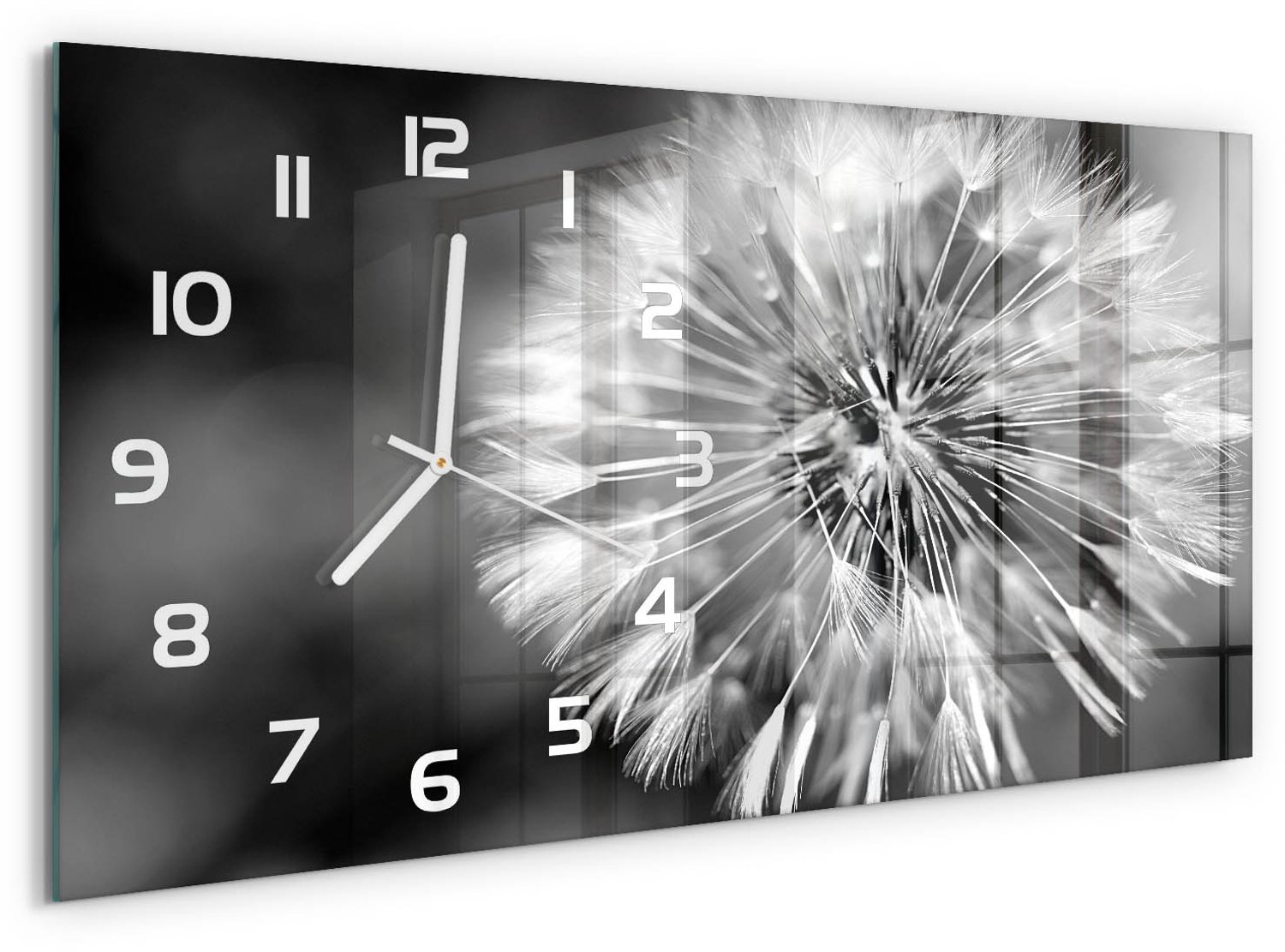 TULUP Wandklok - Paardebloem Gekleurde Glazen Klok - 60x30 cm - Zwart-wit Glazen Klok Met Print - Witte handen - Rechthoekige Klok - Moderne Wandklok Glas - Wandklok Glas Decoratie
