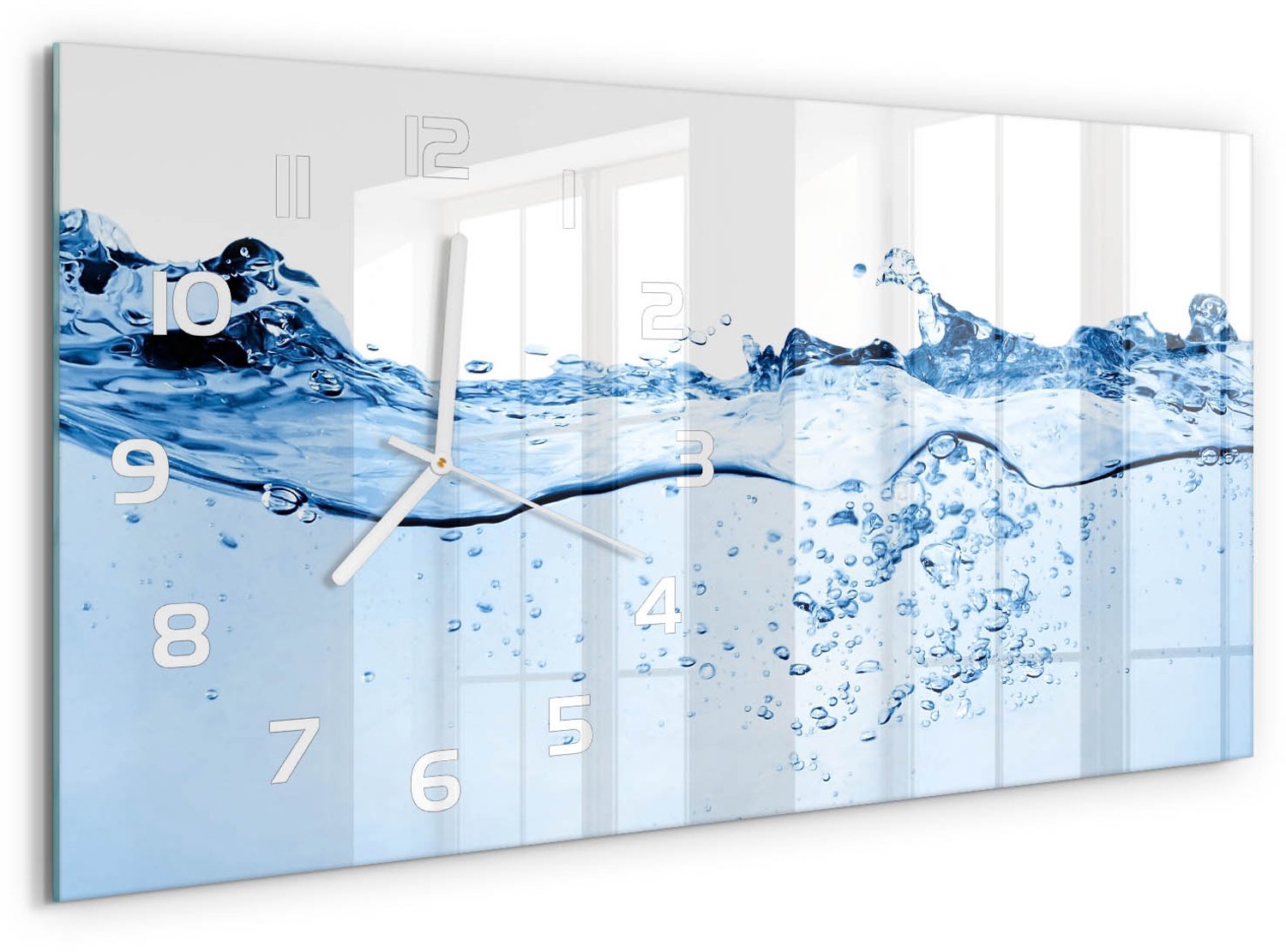 TULUP Wandklok - Water Klok Glas Met Opdruk - 60x30 cm - Blauw Moderne Wandklok Glas - Witte handen - Rechthoekige Klok - Decoratieve Glazen Klok - Glazen Wandklok Design