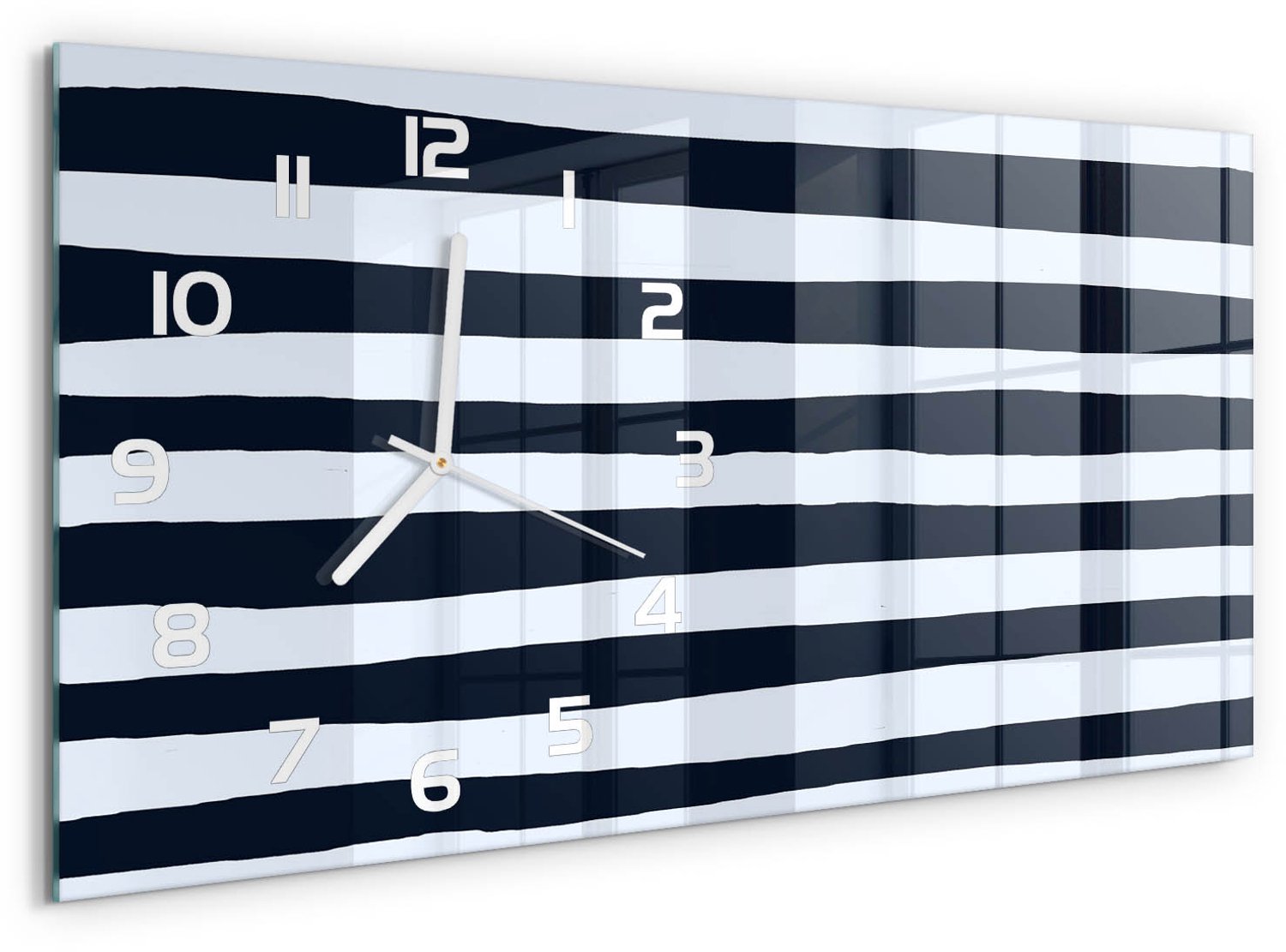 TULUP Wandklok - Gestreepte achtergrond Wandklok Glas Decoratie - 60x30 cm - Zwart-wit Gekleurde Glazen Klok - Witte handen - Rechthoekige Klok - Klok Glas Met Opdruk - Moderne Wandklok Glas
