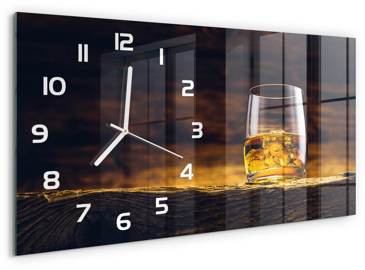 TULUP Wandklok - Bourbon in een glas Moderne Wandklok Glas - 60x30 cm - Geel Wandklok Glas Decoratie - Witte handen - Rechthoekige Klok - Glazen Wandklok Design - Klok Glas Met Opdruk