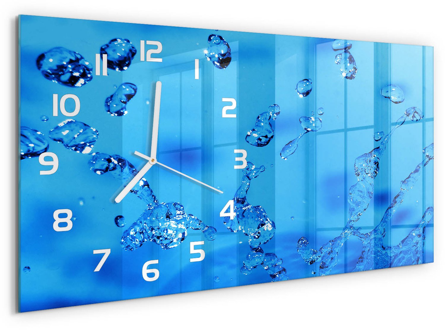 TULUP Wandklok - Waterdruppels Wandklok Glas Met Motief - 60x30 cm - Blauw Decoratieve Glazen Klok - Witte handen - Rechthoekige Klok - Gekleurde Glazen Klok - Glazen Klok Met Print