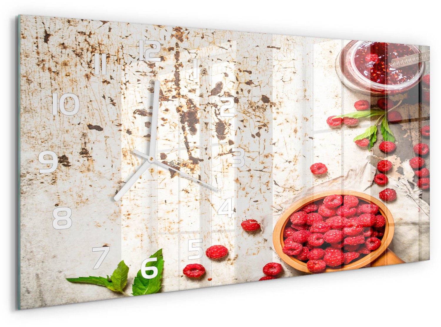 TULUP Wandklok - Frambozenjam Klok Glas Met Opdruk - 60x30 cm - Rood Moderne Wandklok Glas - Witte handen - Rechthoekige Klok - Decoratieve Glazen Klok - Glazen Wandklok Design