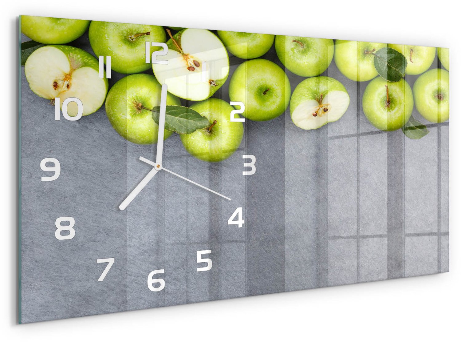 TULUP Wandklok - Groene appels Klok Glas Met Opdruk - 60x30 cm - Groente Moderne Wandklok Glas - Witte handen - Rechthoekige Klok - Decoratieve Glazen Klok - Glazen Wandklok Design