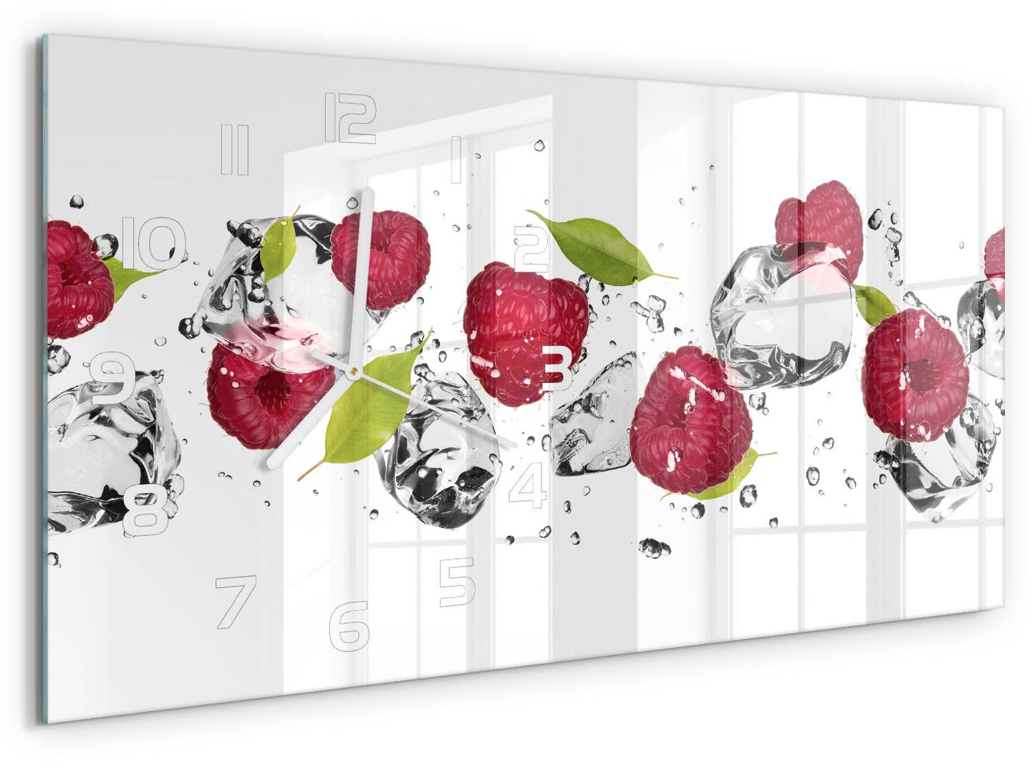 TULUP Wandklok - Framboos en water Glazen Klok Met Print - 60x30 cm - Roze Wandklok Glas Met Motief - Witte handen - Rechthoekige Klok - Wandklok Glas Decoratie - Gekleurde Glazen Klok