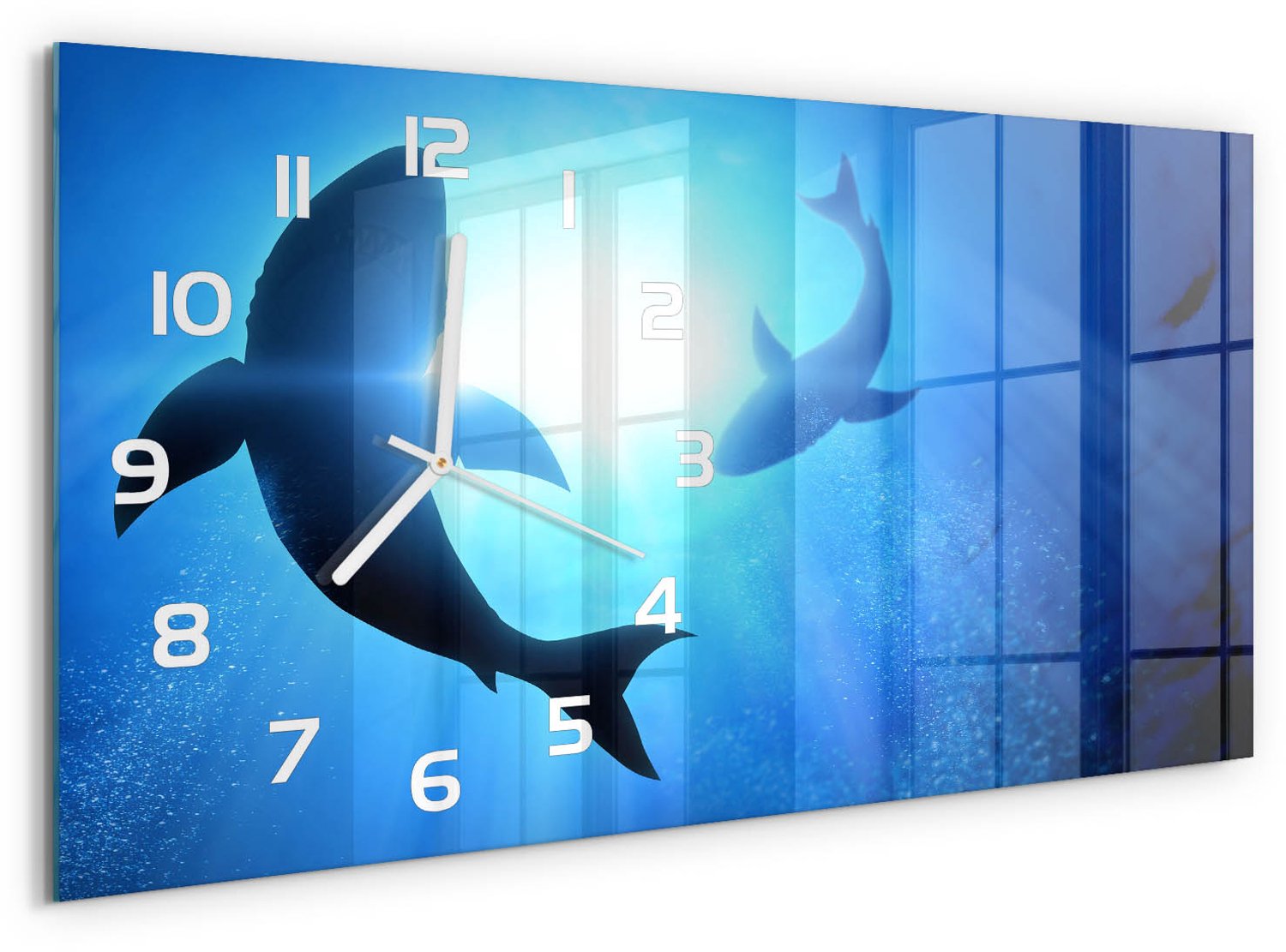 TULUP Wandklok - Twee haaien Glazen Wandklok Design - 60x30 cm - Blauw Klok Glas Met Opdruk - Witte handen - Rechthoekige Klok - Wandklok Glas Met Motief - Decoratieve Glazen Klok