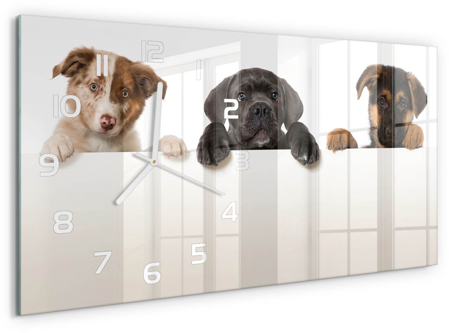 TULUP Wandklok - Drie puppy's Decoratieve Glazen Klok - 60x30 cm - Zwart Glazen Wandklok Design - Witte handen - Rechthoekige Klok - Glazen Klok Met Print - Wandklok Glas Met Motief