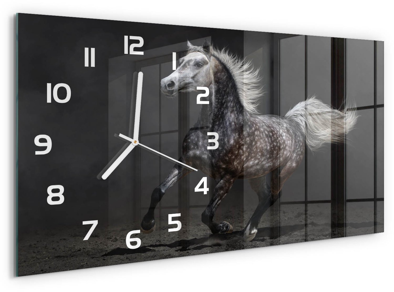 TULUP Wandklok - Grijze Arabische Paard Moderne Wandklok Glas - 60x30 cm - Zwart Wandklok Glas Decoratie - Witte handen - Rechthoekige Klok - Glazen Wandklok Design - Klok Glas Met Opdruk