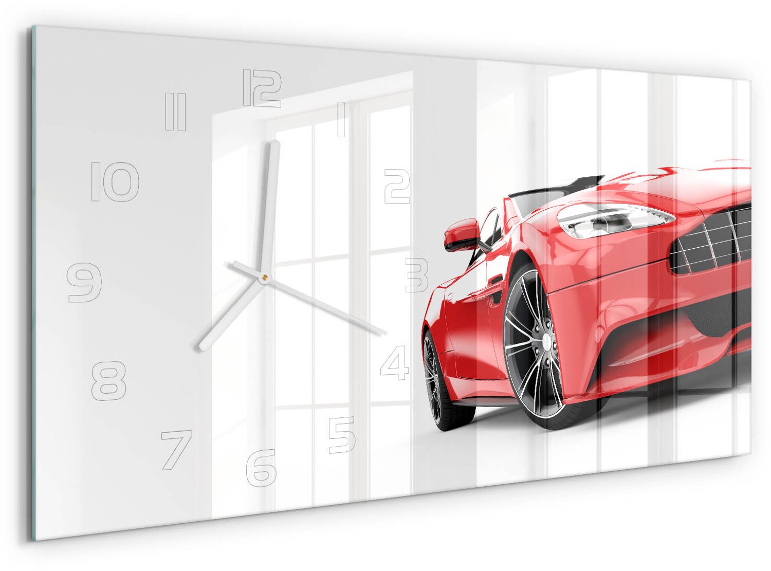 TULUP Wandklok - Sportwagen Decoratieve Glazen Klok - 60x30 cm - Rood Glazen Wandklok Design - Witte handen - Rechthoekige Klok - Glazen Klok Met Print - Wandklok Glas Met Motief