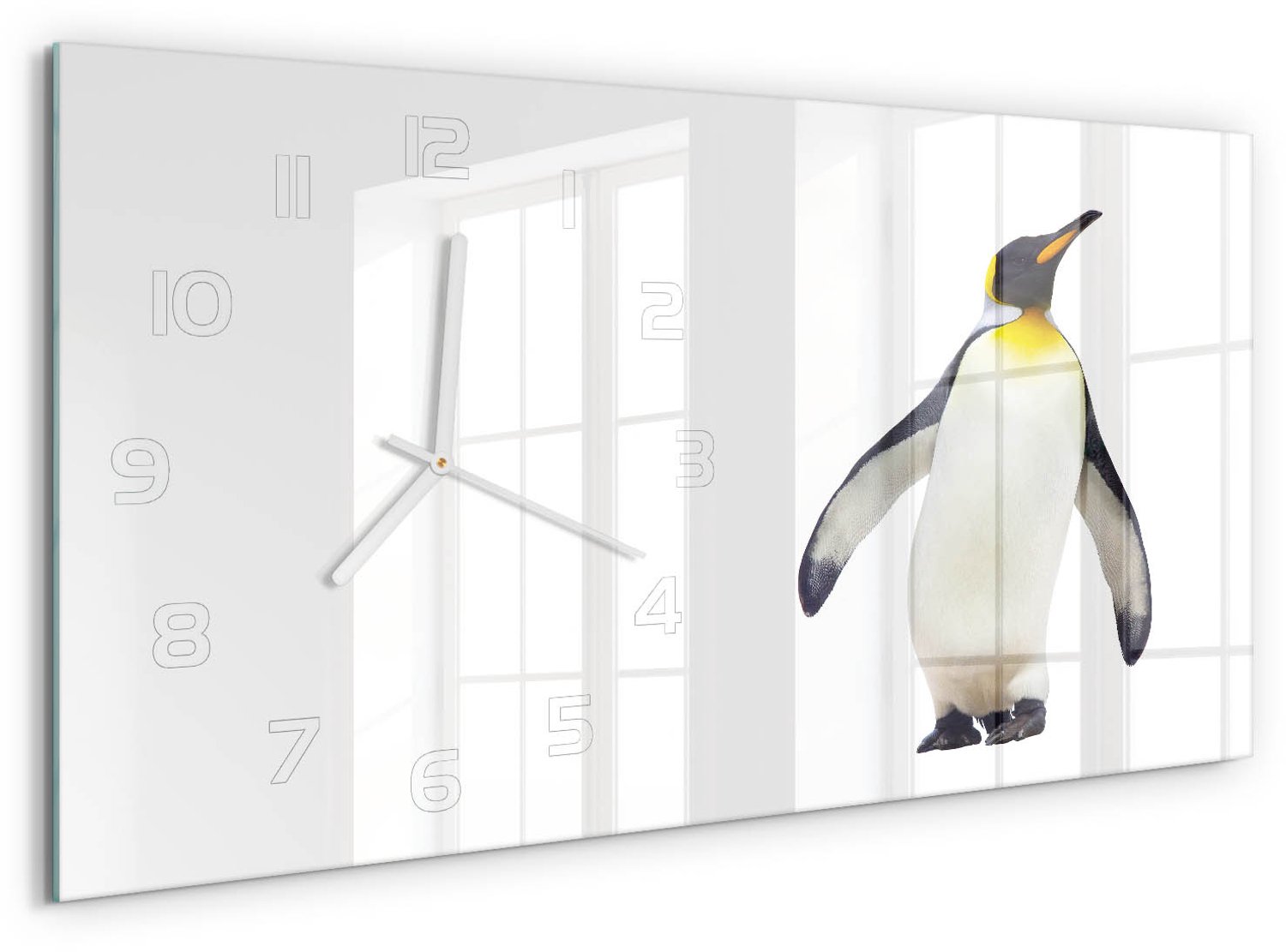 TULUP Wandklok - Pinguïn Moderne Wandklok Glas - 60x30 cm - Wit Wandklok Glas Decoratie - Witte handen - Rechthoekige Klok - Glazen Wandklok Design - Klok Glas Met Opdruk