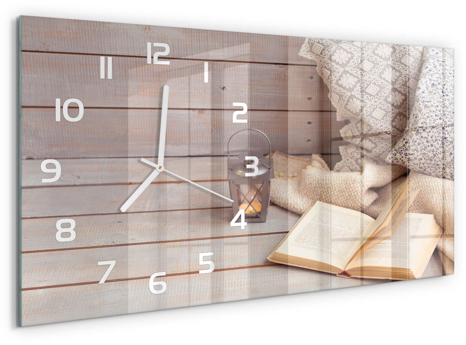 TULUP Wandklok - Ontspan met een boek. Klok Glas Met Opdruk - 60x30 cm - Beige Moderne Wandklok Glas - Witte handen - Rechthoekige Klok - Decoratieve Glazen Klok - Glazen Wandklok Design