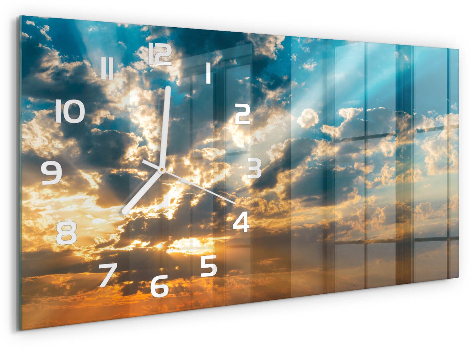 TULUP Wandklok - Hemel bij zonsondergang Glazen Wandklok Design - 60x30 cm - Veelkleurig Klok Glas Met Opdruk - Witte handen - Rechthoekige Klok - Wandklok Glas Met Motief - Decoratieve Glazen Klok