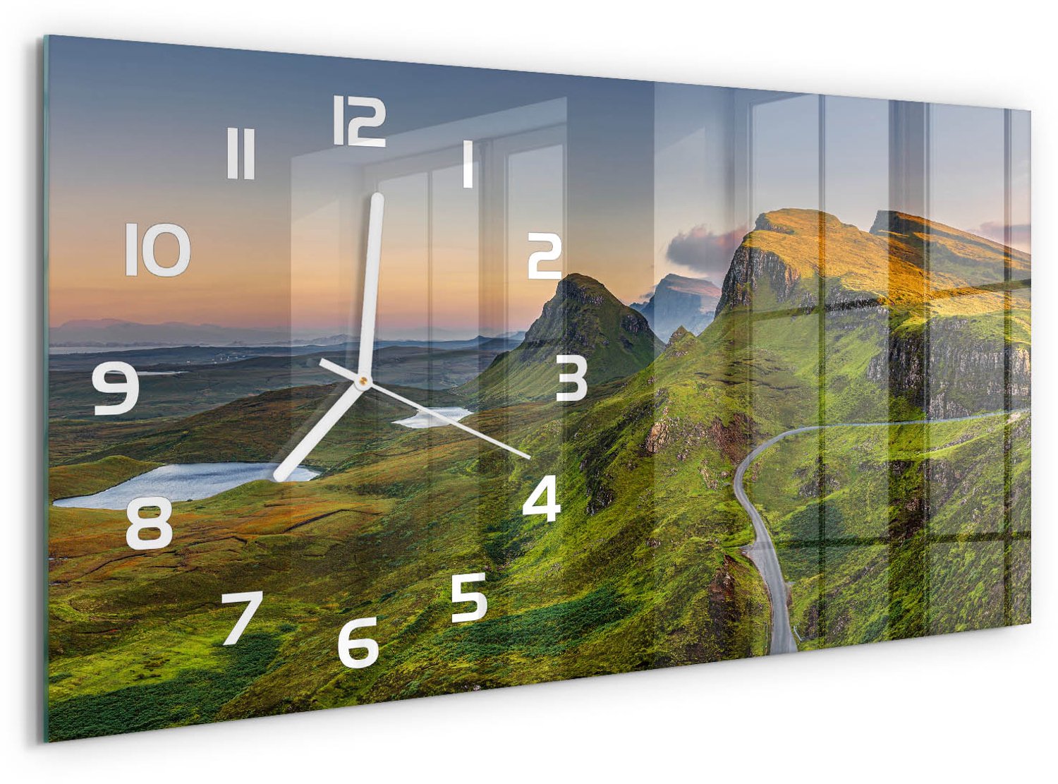 TULUP Wandklok - Schotse Hooglanden Glazen Wandklok Design - 60x30 cm - Groente Klok Glas Met Opdruk - Witte handen - Rechthoekige Klok - Wandklok Glas Met Motief - Decoratieve Glazen Klok