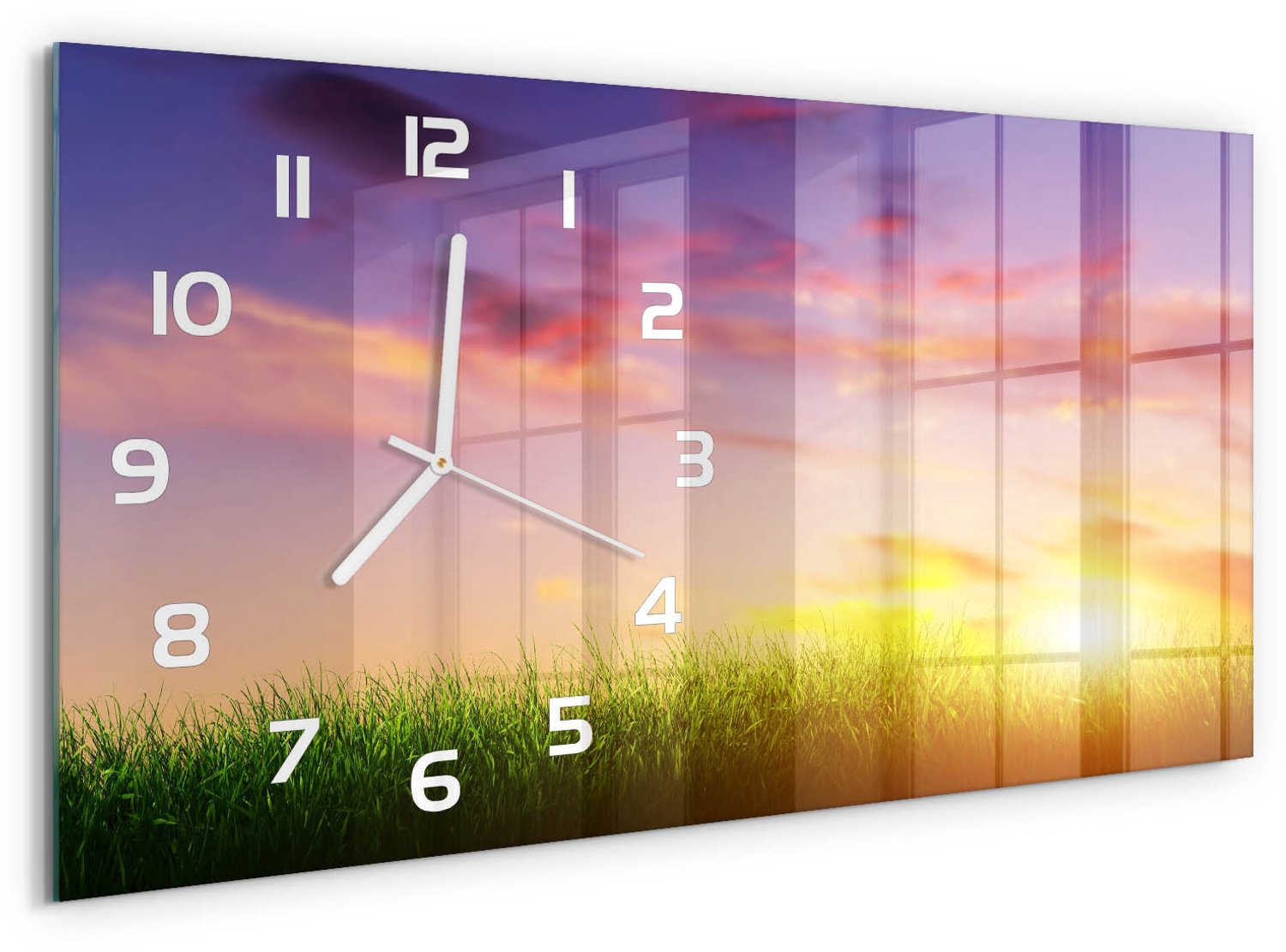 TULUP Wandklok - Zonsondergang Wandklok Glas Met Motief - 60x30 cm - Veelkleurig Decoratieve Glazen Klok - Witte handen - Rechthoekige Klok - Gekleurde Glazen Klok - Glazen Klok Met Print