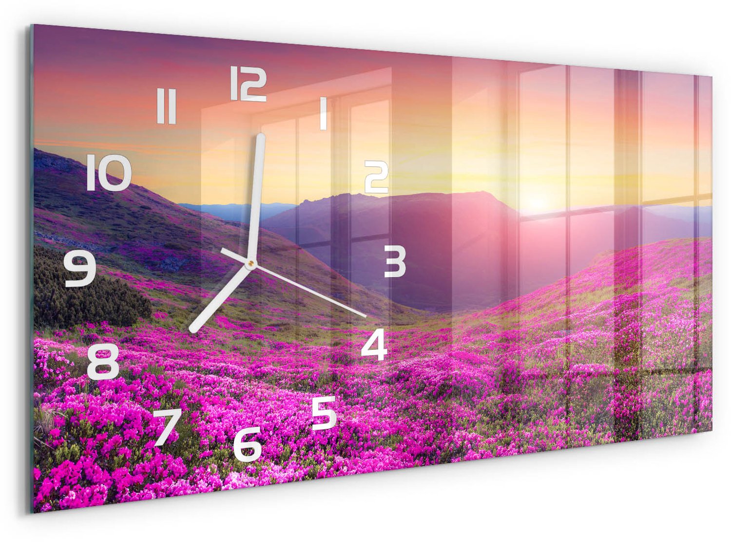 TULUP Wandklok - Rhododendrongebergte Wandklok Glas Decoratie - 60x30 cm - Roze Gekleurde Glazen Klok - Witte handen - Rechthoekige Klok - Klok Glas Met Opdruk - Moderne Wandklok Glas