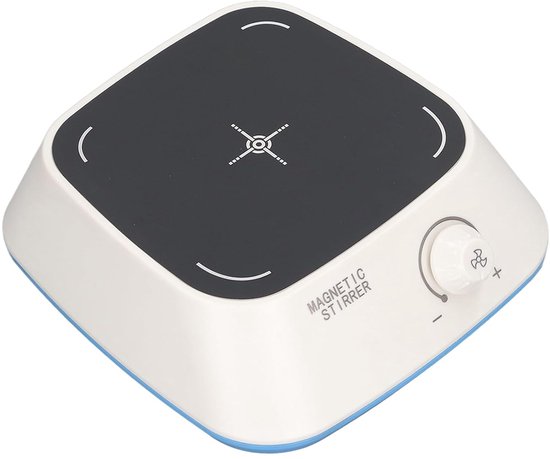 Witte magnetische roerder met zwart bovenvlak, instelknop en 'MAGNETIC STIRRER' tekst.