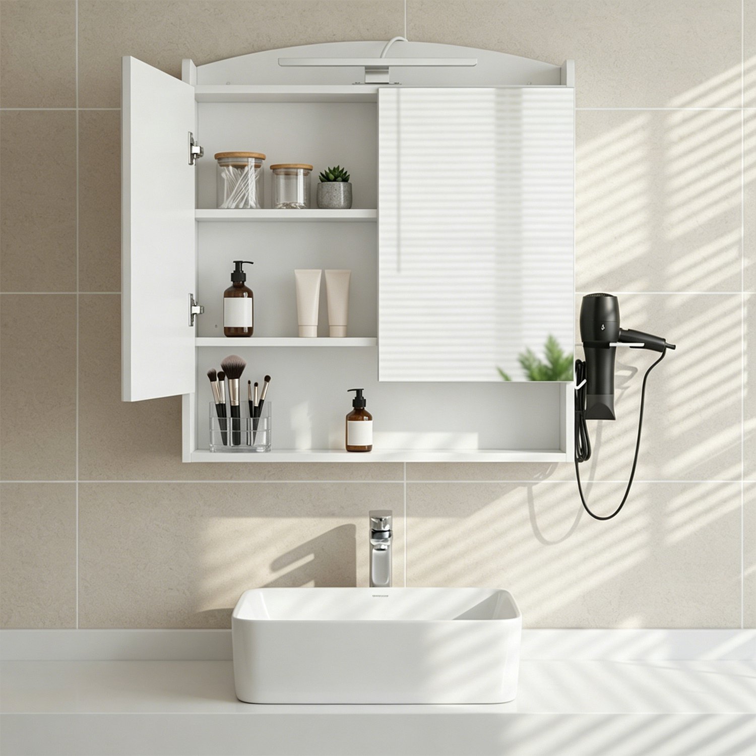 EGGREE Spiegelkast voor de badkamer, 60 cm breed, met föhnhouder en haken, wit, 60 x 15 x 64,2 cm