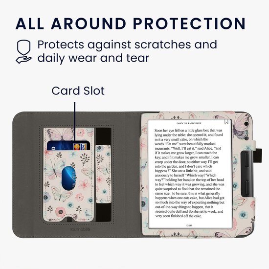 kwmobile e-reader hoesje geschikt voor Kobo Libra Colour hoes - E reader flip case van kunstleer - Ereader cover met stand - Vlinderanemoon design in wit / licht oudroze / vintage groen — afbeelding 4