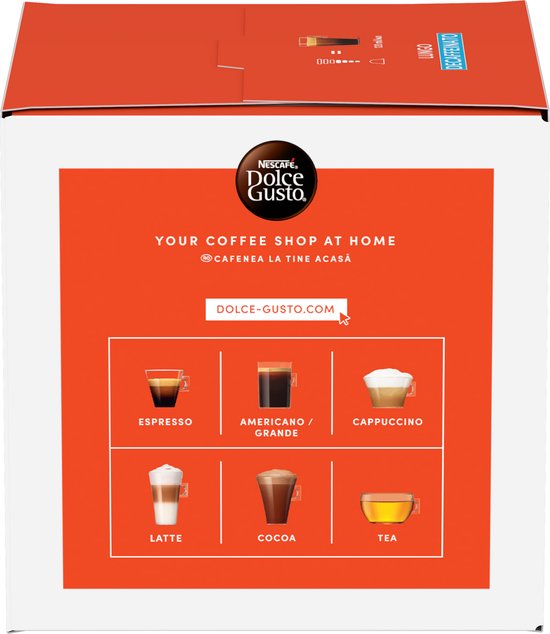 Achterzijde van de verpakking met illustraties van diverse koffievariaties en de website dolce-gusto.com.