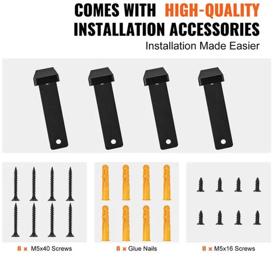 Installatieaccessoires: acht lange M5x40 schroeven, acht gele pluggen en acht korte M5x16 schroeven.