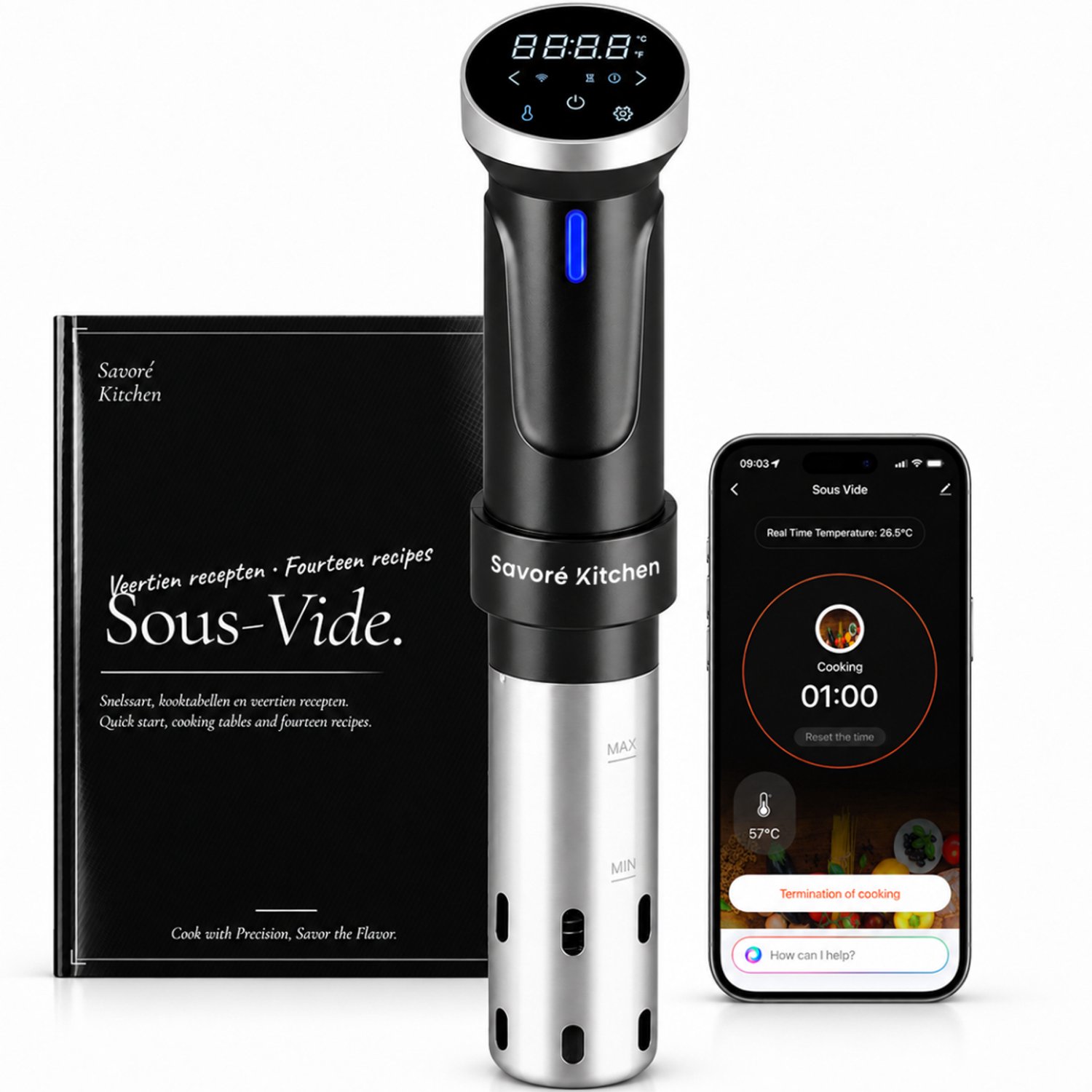 Savoré Kitchen Sous Vide Stick met App & WiFi - 1100W - ±0,5°C Precisie - voor Pannen van 6-12 Liter - incl. Kookboek