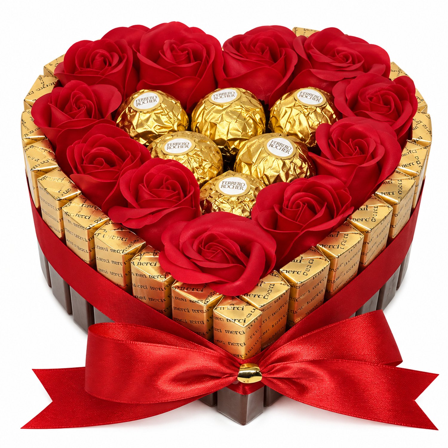 Nina's Giftshop® Chocolade Hart met Merci & Ferrero Rocher – Rode Zeeprozen – Valentijn Cadeau – Chocolade Geschenk – Cadeau voor Hem & Haar – Liefdescadeau – Verjaardag
