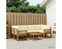Outdoor sofa van massief acaciahout met lattendesign, 7-delig, inclusief crèmekleurig polyester kussen, voor tuin, terras en zwembad
