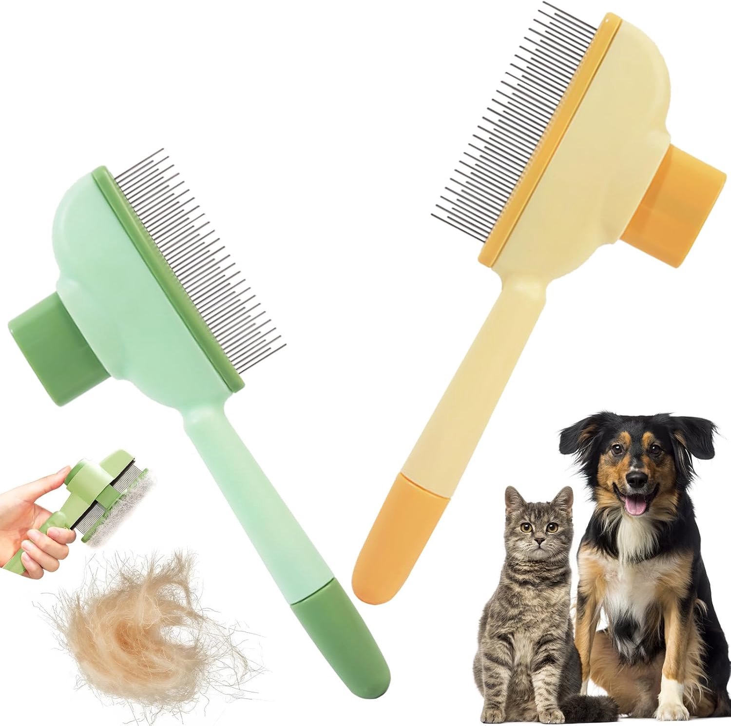 Famanu – Set van 2 zelfreinigende verzorgingsborstels voor katten en honden, zachte borstel voor kort en lang haar, massagekam, anti-knoop