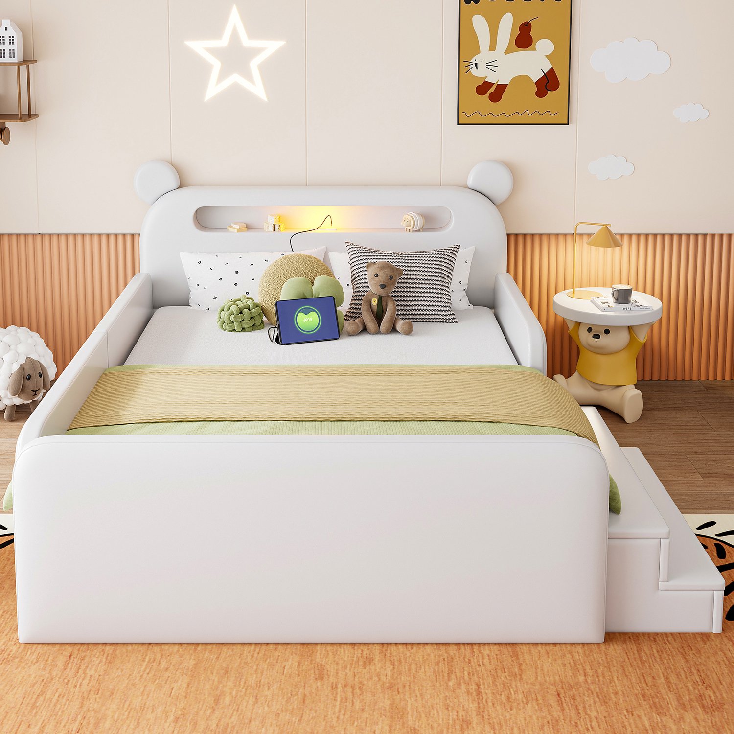 Merax Kinderbed 140 x 200 cm - met berenhoofdbord - nachtlampje - USB-oplaadpoort - opbergruimte en trapstoel - wit - zonder matras