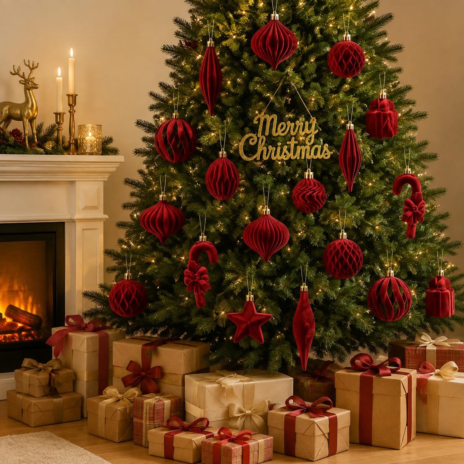 Kerstboomversiering - Kerstornamenten - Fluwelen Kerstballen - Kersthangers Set - Kerstboom Woonkamer - 28 Stuks 15 Vormen - Bordeauxrood – foto 3