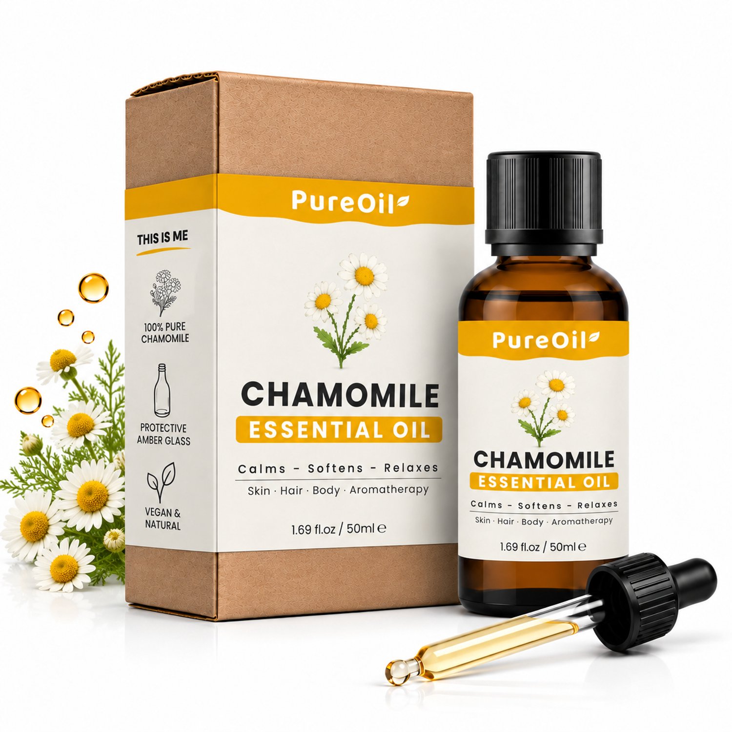 PureOil - Kamille Olie - 50ml - Etherische Olie - Voor Haar | Huid | Gezicht | Scalp | Nagels | Diffuser - 100% Puur, Natuurlijk & Vegan