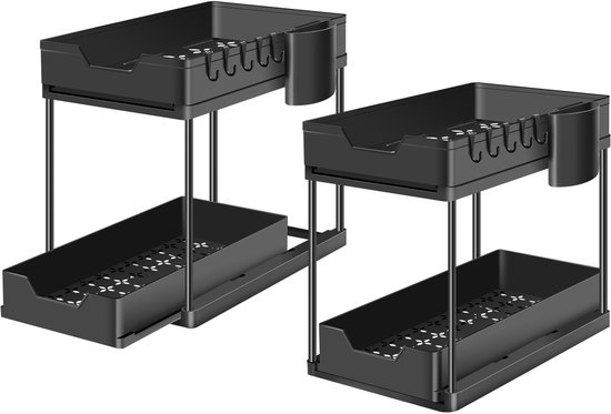 Set van twee zwarte tweelaagse uitschuifbare organisatoren met haken en opbergbekers.