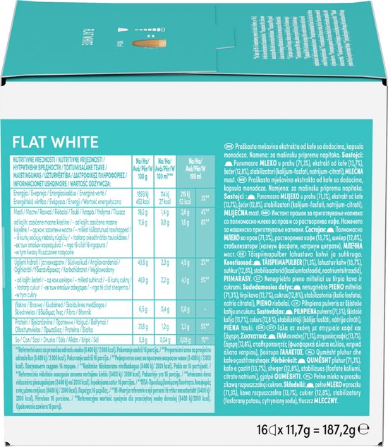 Verpakking NESCAFÉ Dolce Gusto Flat White met voedingsinformatie in meerdere talen.