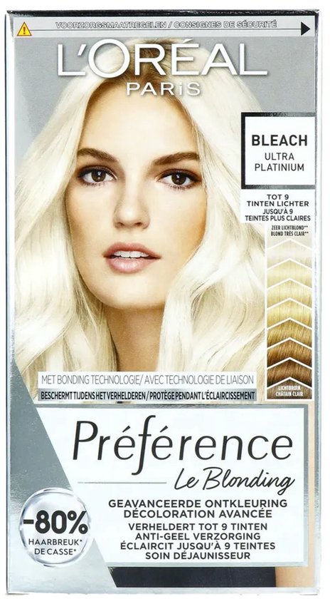L'Oréal Paris Préférence Le Blonding Ultra Platinum box met model met platina blond haar.