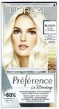 L'Oréal Paris Préférence Le Blonding Ultra Platinum box met model met platina blond haar.