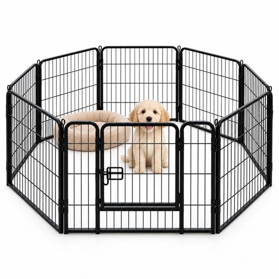 Parc pour chiot en métal noir avec un coussin pour chien marron doux et un chiot.