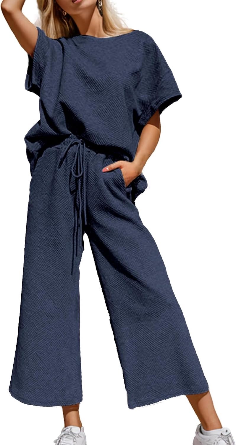 Outfits voor dames, getextureerd, sweatpak, 3/4 mouwen, ronde hals, pullover, top, wijde pijpen, broek, trainingspak, set