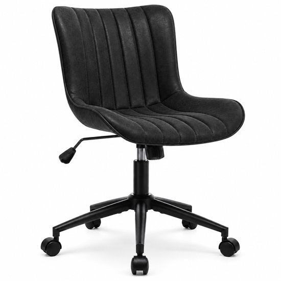Zwarte Luxevo bureaustoel op een witte achtergrond, met verticale stiksels en zwart onderstel.