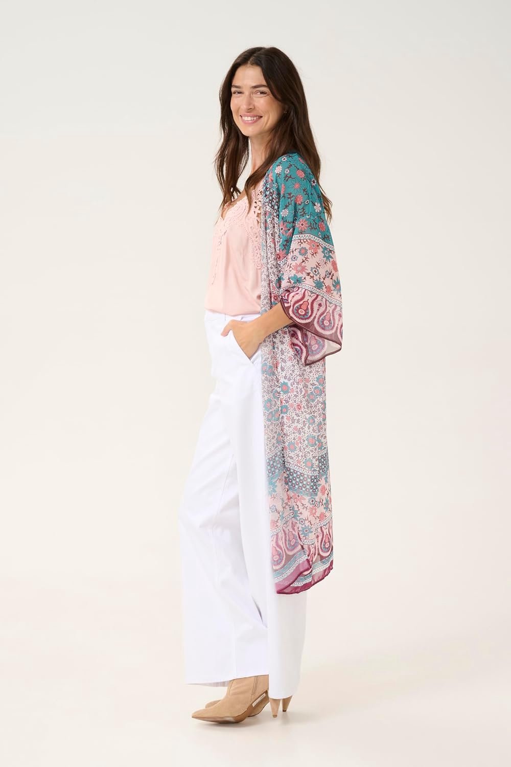 Kimono voor dames, open voorkant, losse pasvorm, middelgroot, 3/4 mouwen, Roze en blauwe etnische rand, One Size