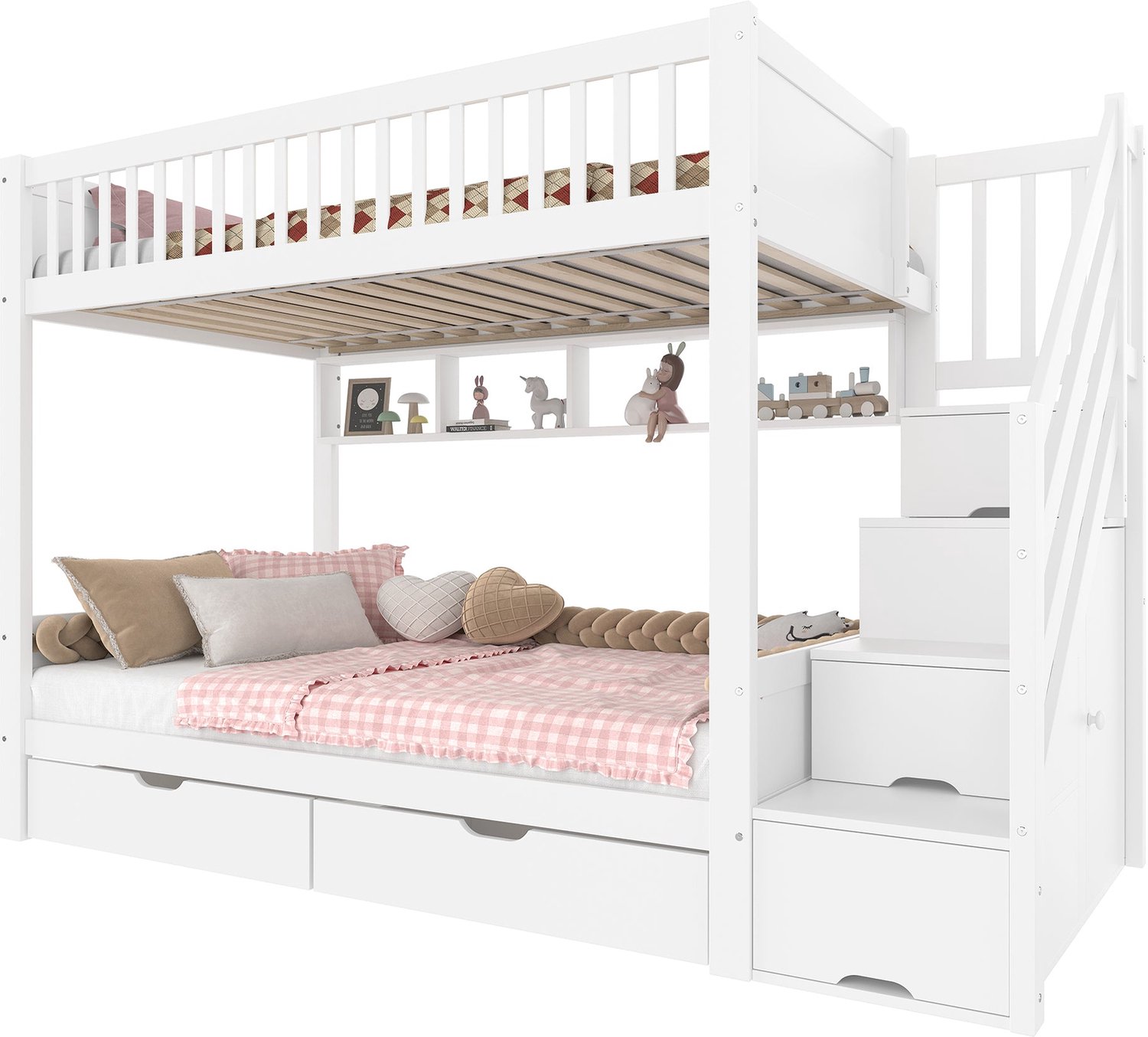 Merax Stapelbed Voor Kinderen 90 x 200 cm - Wit - Met Opbergtrap - Kledingkast - Laden - Open Vakken - Houten Lattenbodems - Zonder Matras