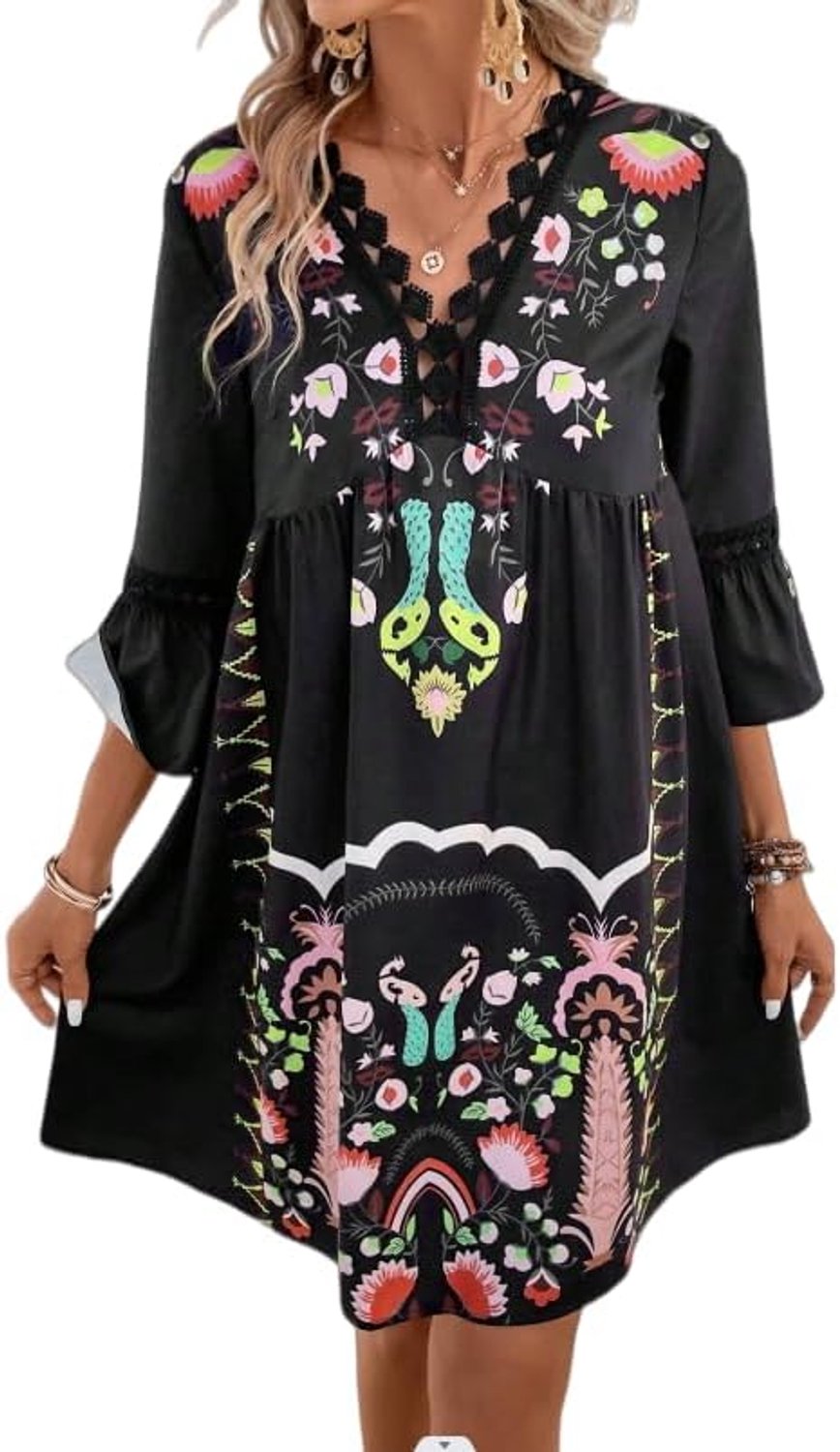 Damesjurk met V-hals, kanten inzetstukken en boho-print, casual, wijd gesneden strandjurk