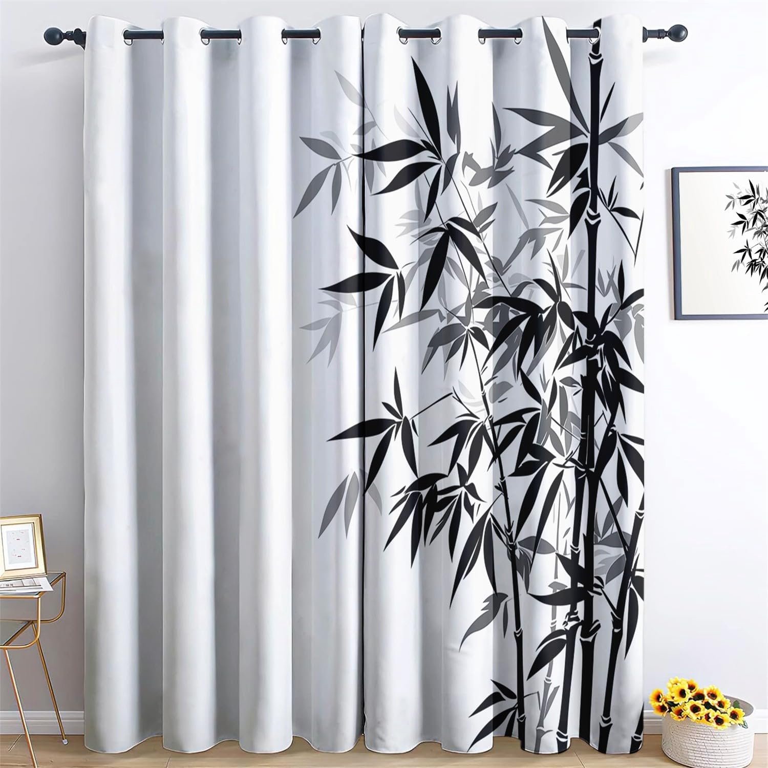 Inkttekening stijl bamboe mooie zachte verduisteringsgordijnen voor woonkamer zwart en wit H 260 x B 140 cm (2 stuks) verduisterende gordijnen woonkamer ondoorzichtig gordijn