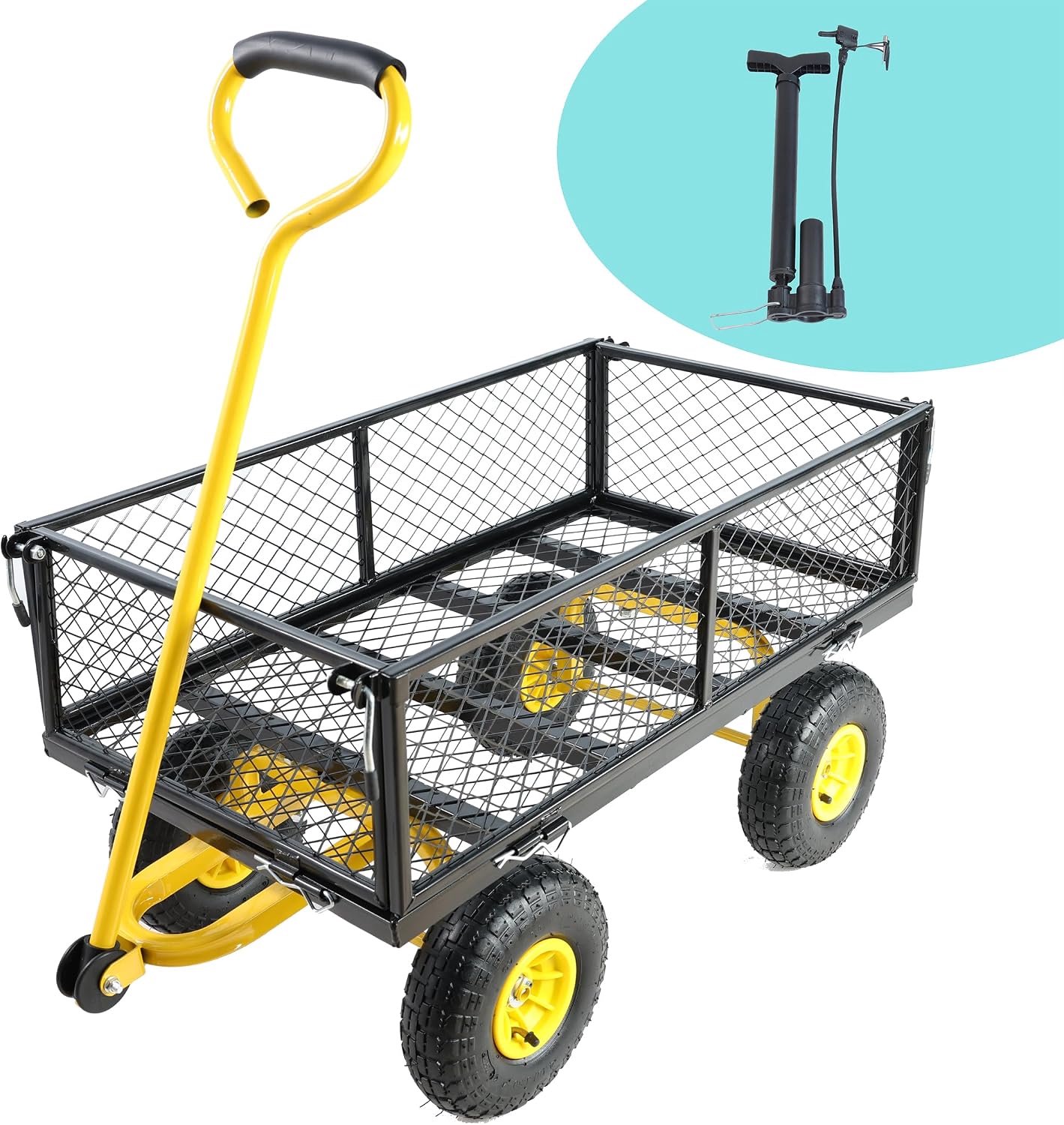 Wagon met afneembare zijkanten kan worden gebruikt in boerderijen, magazijnen enz. l Tuinkiepwagen - Een must-have voor uw droomtuin tuin essentieel (geel+zwarte luchtwielen)