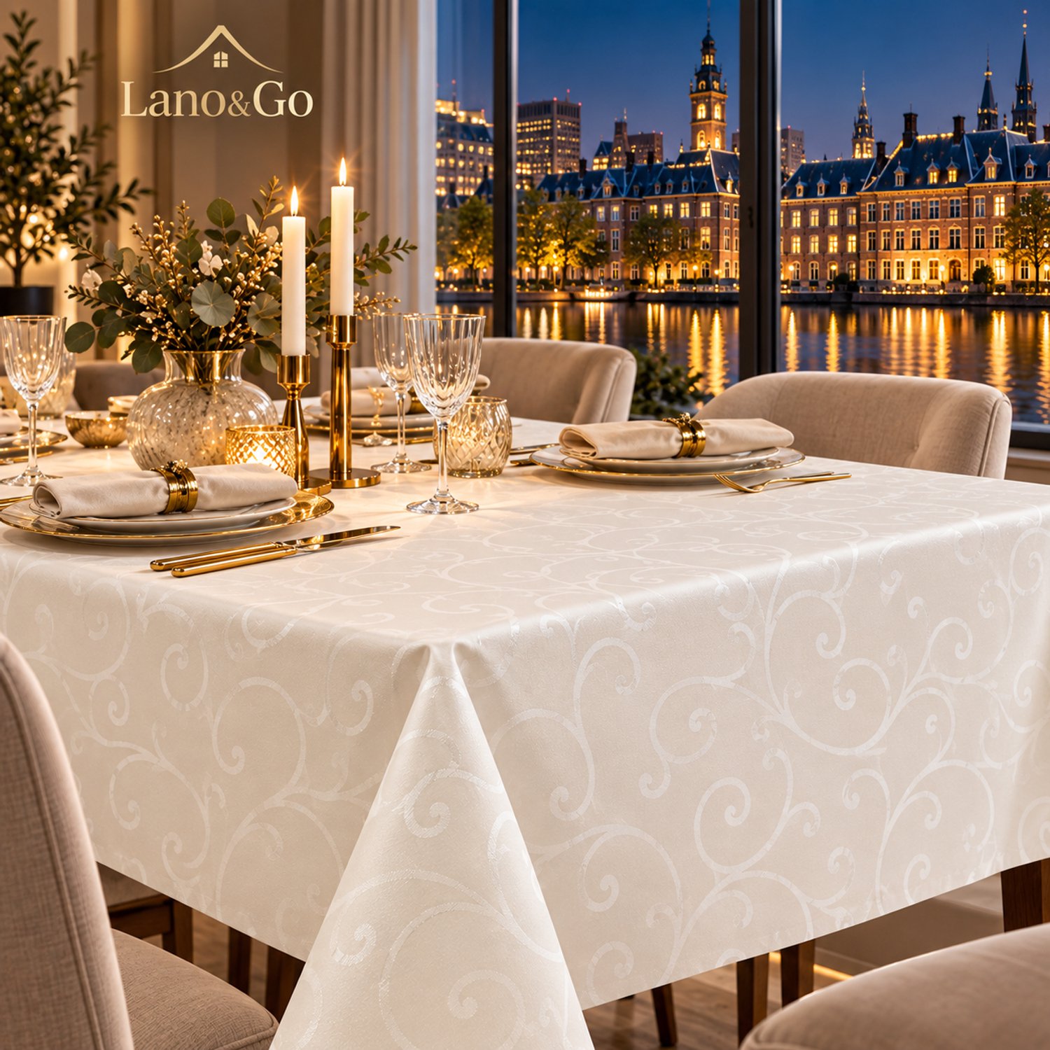 Lano&Go Tafelkleed 130 x 220 cm – Afwasbaar, Rechthoekig, Damast Reliëfpatroon, Krasbestendig Polyester, Crème