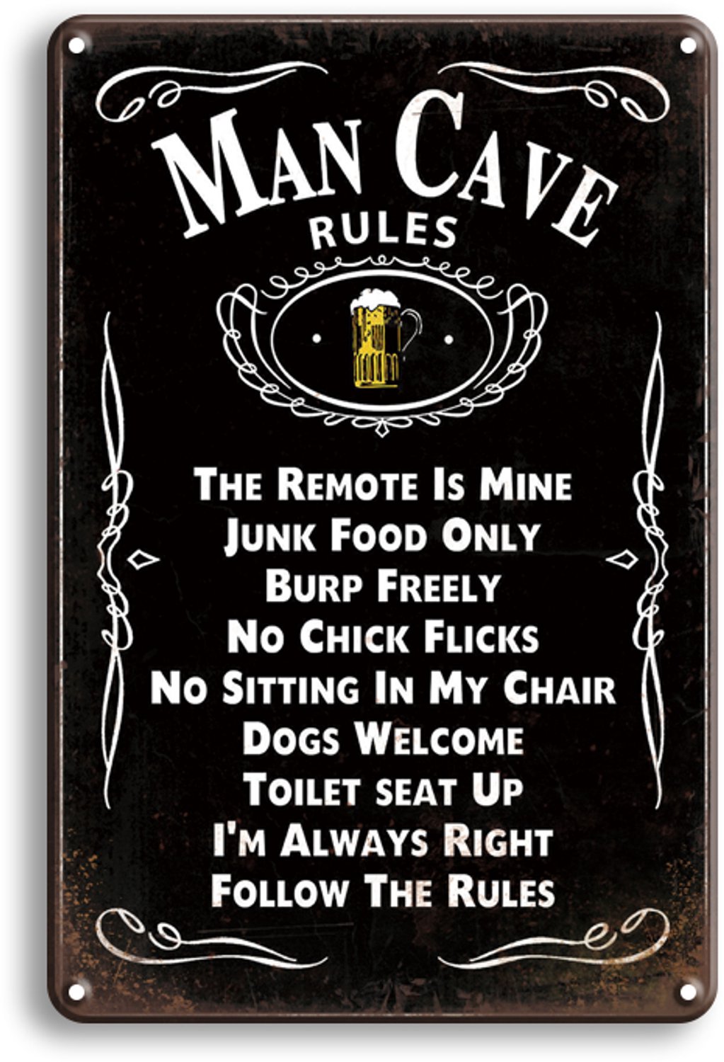 Man Cave Rules Metalen Wandbord 30x20cm – Mancave Tekstbord – Vintage Retro Wanddecoratie – Man Cave Bar Garage Hobbyruimte