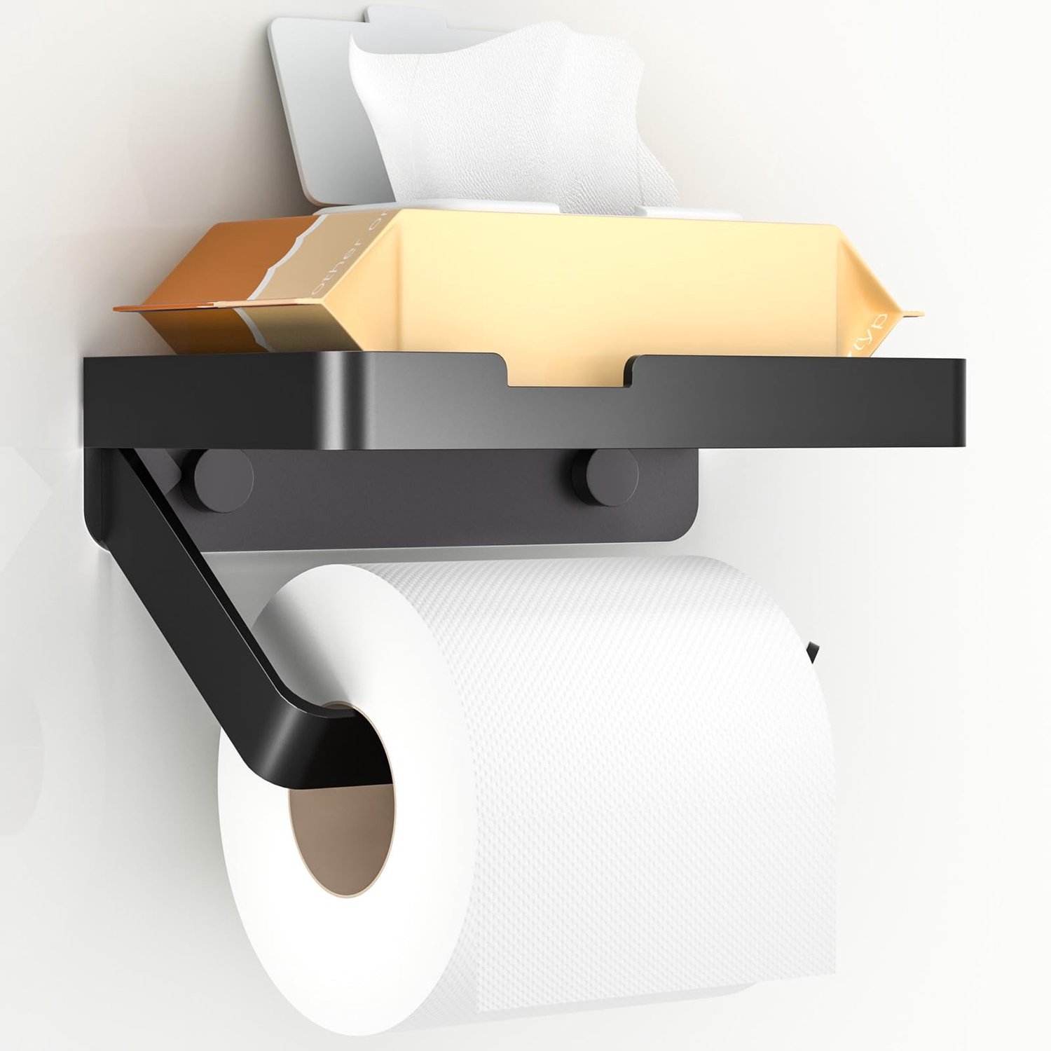 Toiletrolhouder - Aluminium - Mat zwart - Met plank