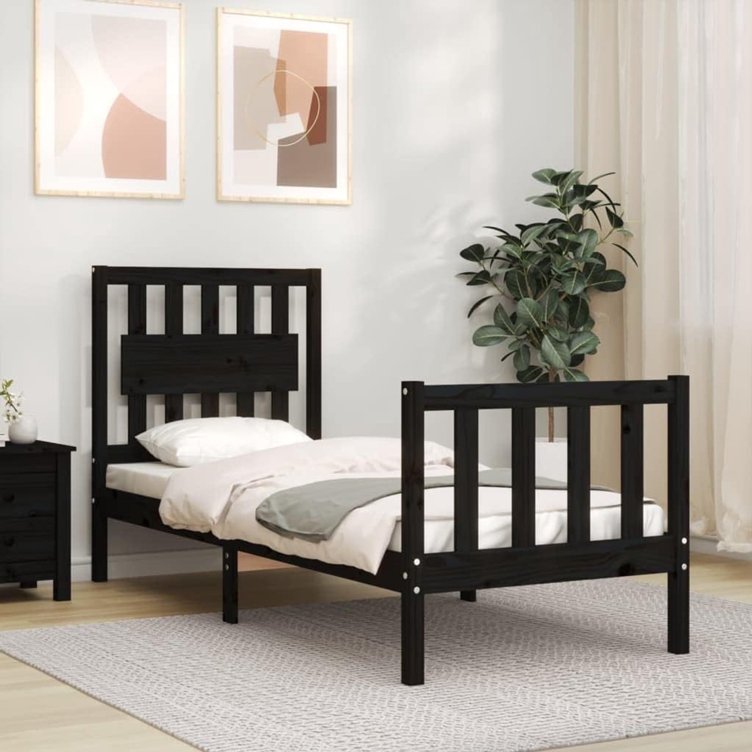Tweepersoonsbed, massief houten bed met hoofdeinde, zwart, 2FT6 Small Single geschikt voor familiekamers