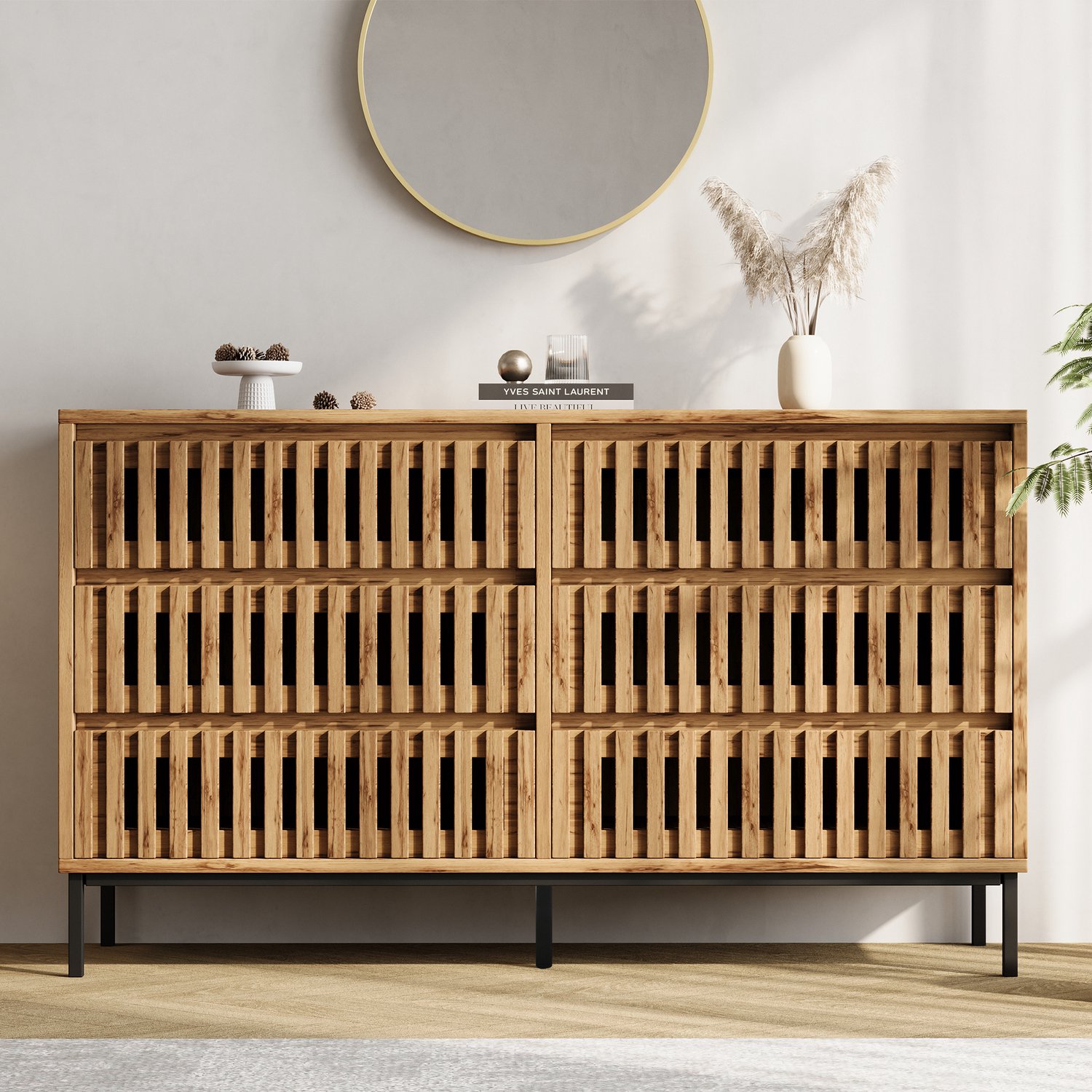 Dressoir met 6 laden - sideboard met rasterdesign - houten dressoir van 120 cm - MDF en spaanplaat - voor woonkamer, slaapkamer of hal - 120 x 40 x 81 cm - houtkleur